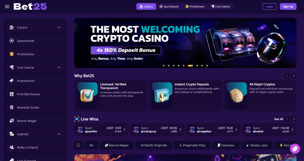 Bet25 VIP Crypto Casino Dashboard